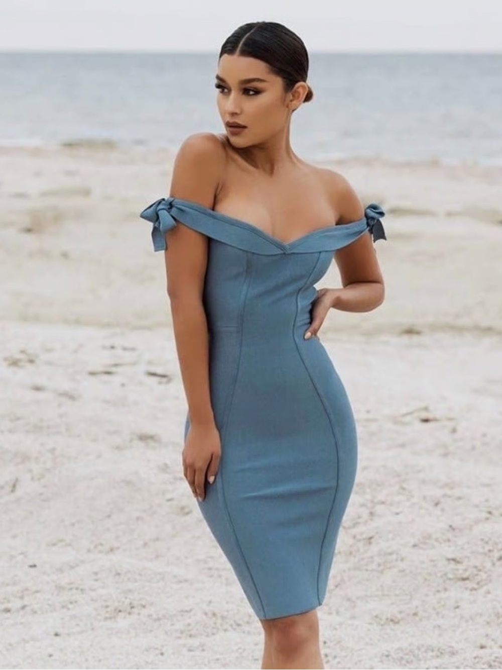 House of CB Dusty Blue Off-Shoulder Midi Dress with Tie Straps